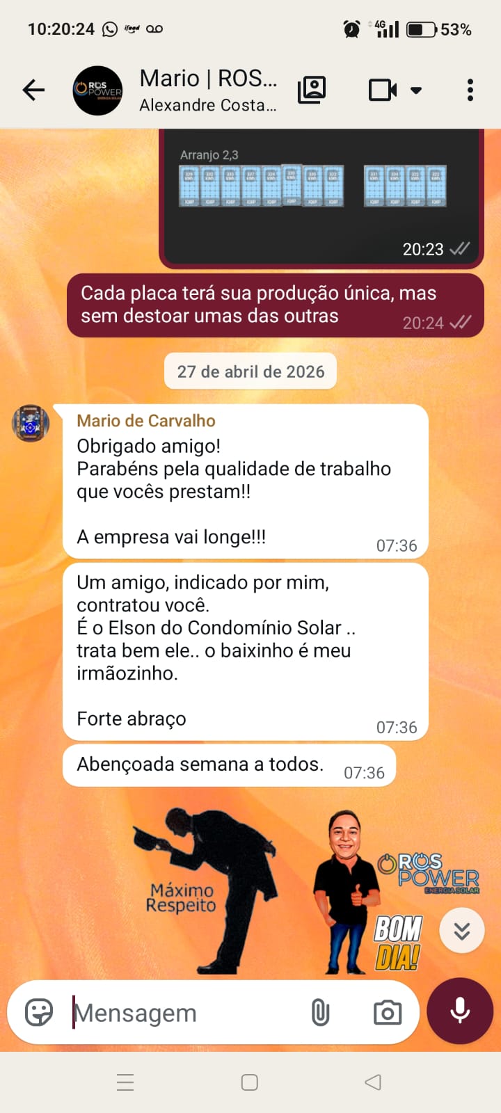 Print de conversa com cliente elogiando a qualidade do trabalho da ROSPOWER